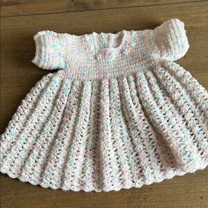 Handmade Crochet Baby Dress With White Ruffle Slip Underneath. Size is Aprox 0-3